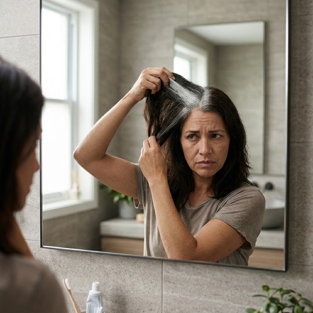 Mujer espa&ntilde;ola frustrada con canas en el espejo