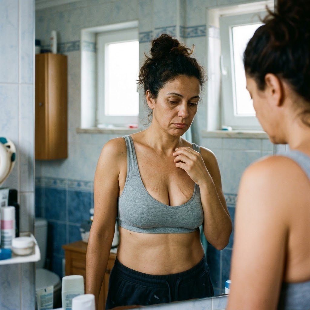 Mujer mirándose al espejo — pérdida de firmeza después de los 40