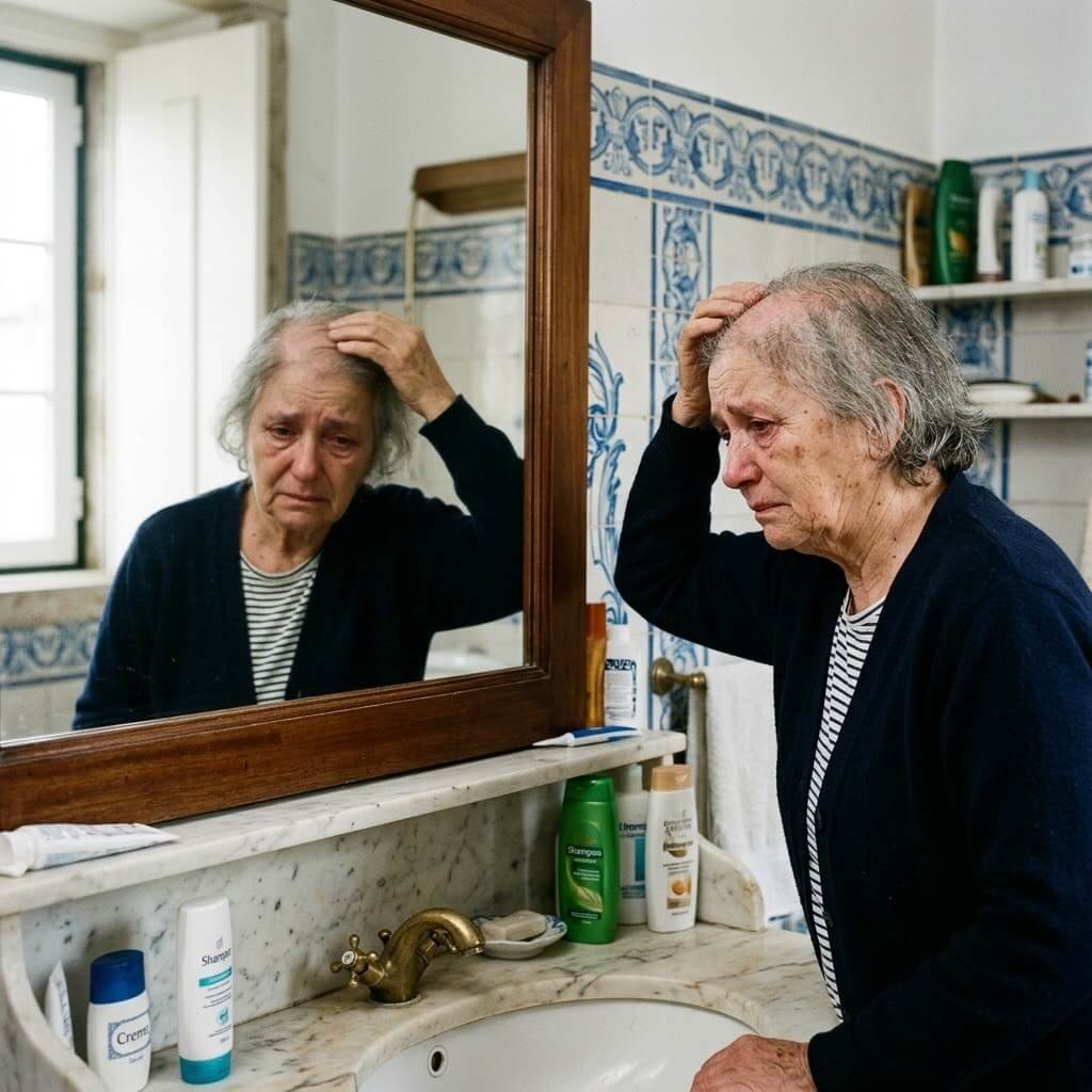 Mulher com cabelo ralo, espigado e baço a olhar-se ao espelho