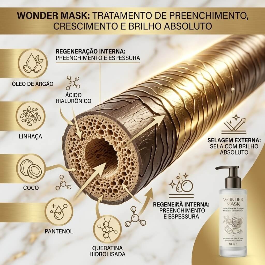 Mecanismo Wonder Mask - hialurónico rellena la fibra, aceites sellan la cutícula