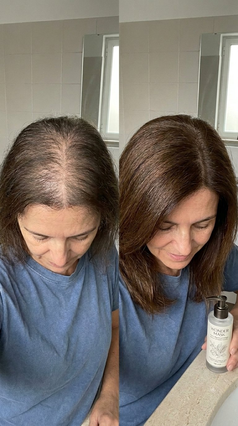 Antes y después — María, 56 años, Madrid. Pelo ralo en la zona superior rellenado tras 3 semanas de Wonder Mask.
