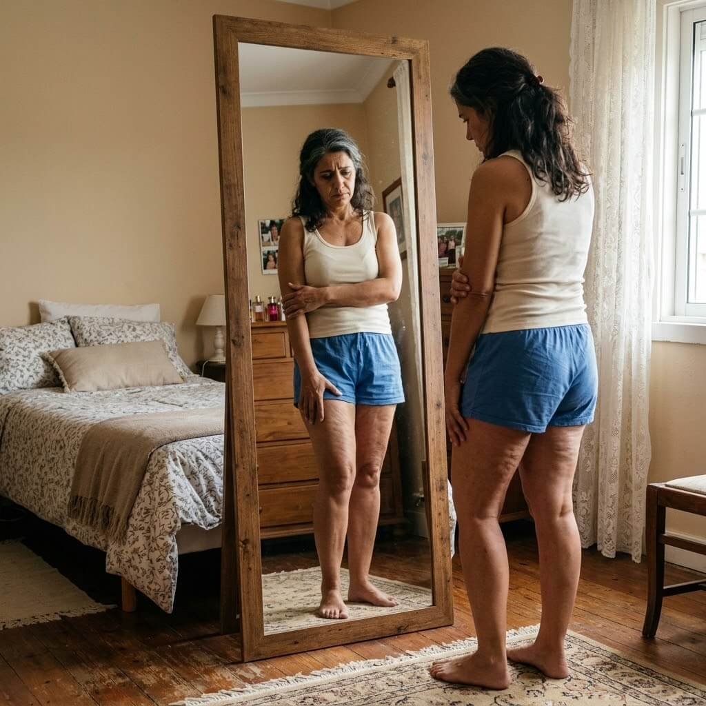 Mujer mirando con tristeza sus piernas con celulitis