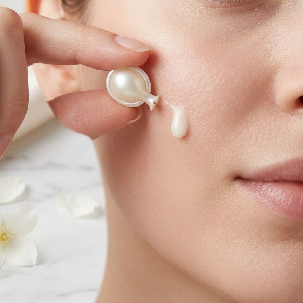 Cápsula blanca perlada siendo exprimida liberando la crema activa de péptidos