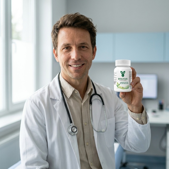 Frasco de Biolocus con cápsulas veganas de origen botánico natural