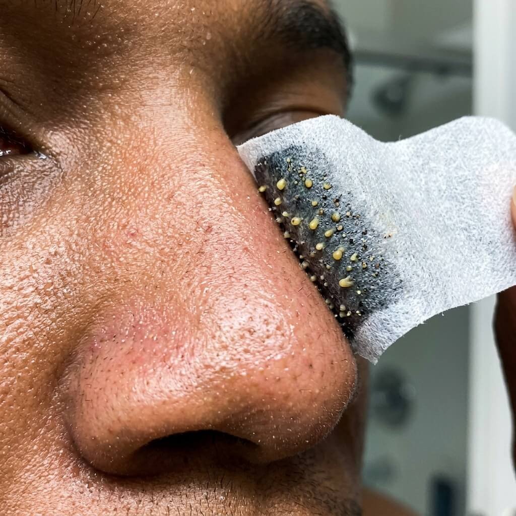 Tira de imán activo siendo retirada de la nariz mostrando la extracción de puntos negros