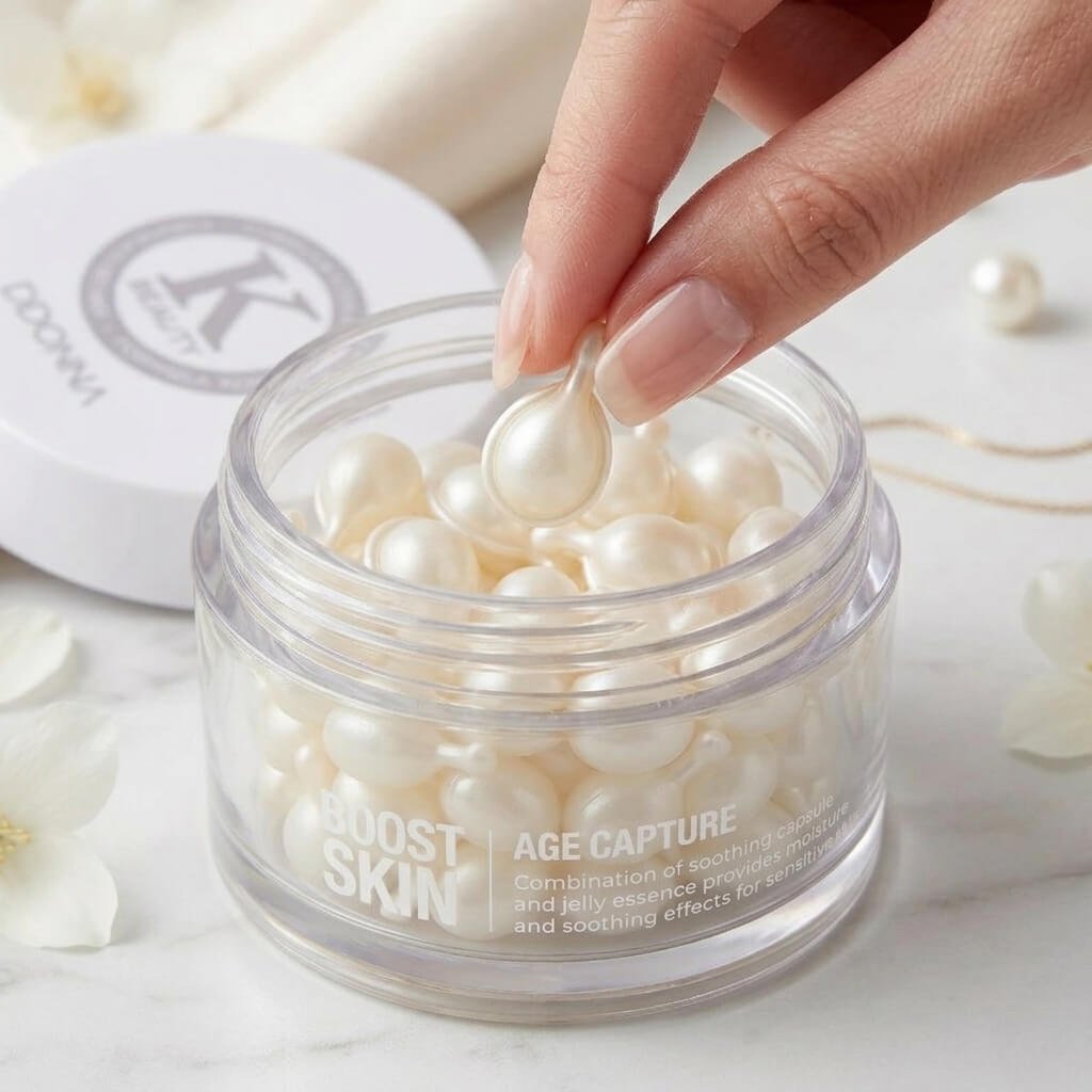 Retirando una cápsula blanca perlada de K Boost Skin del frasco