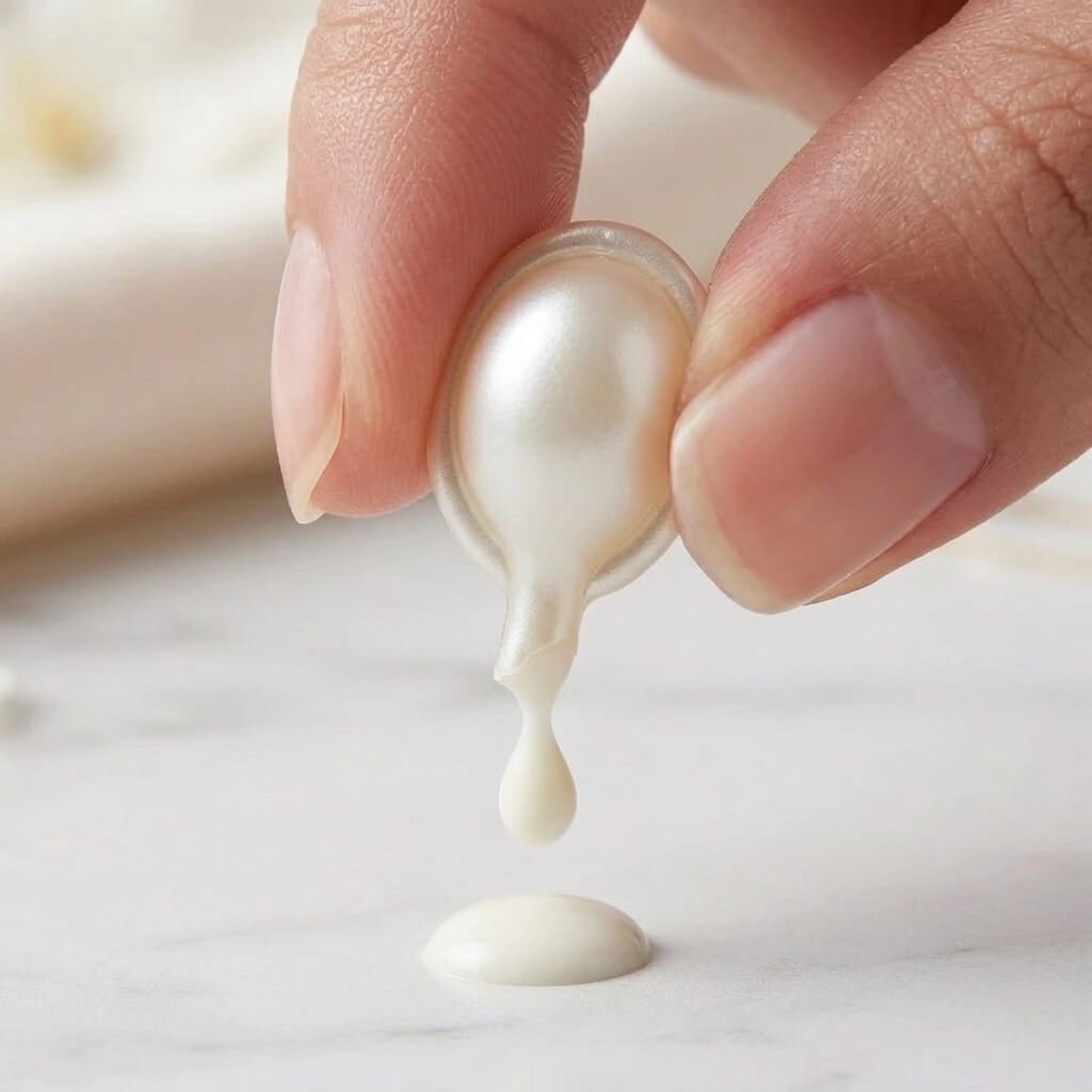 Cápsula blanca perlada siendo exprimida liberando la crema activa de péptidos