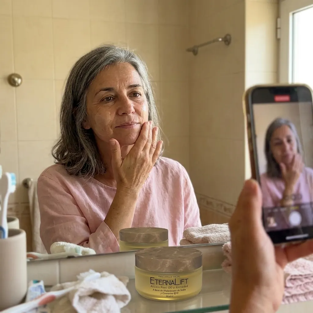 Mujer aplicándose Eternal Lift frente al espejo, luz natural