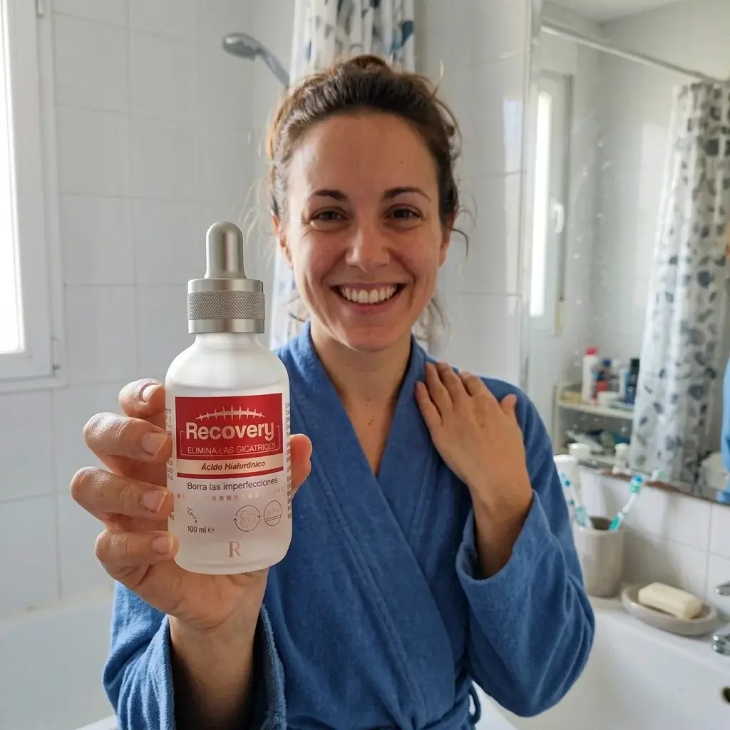 Clienta sujetando el frasco Recovery en el baño