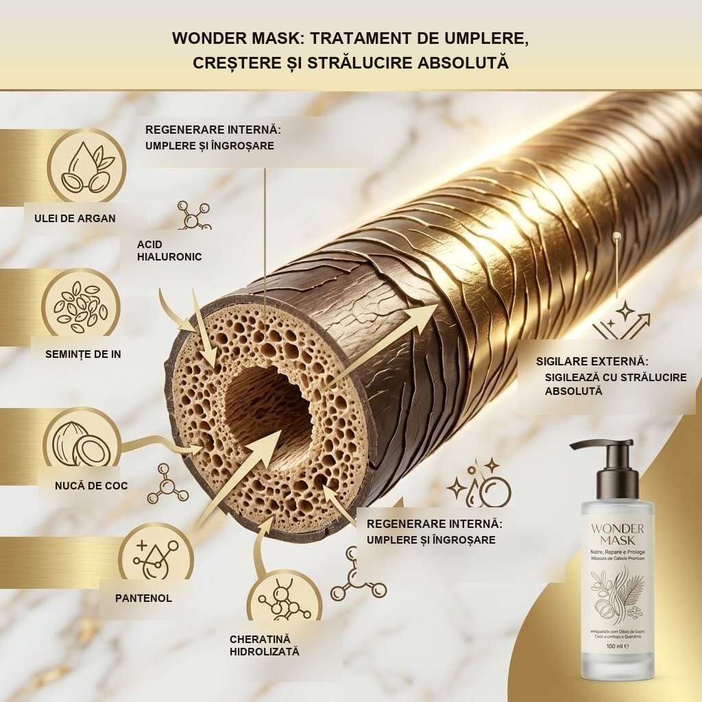 Mecanismul Wonder Mask - acidul hialuronic umple firul, uleiurile sigilează cuticula