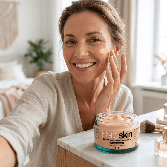 Mujer española radiante en casa con luz de atardecer, piel firme y uniforme con Hero Skin