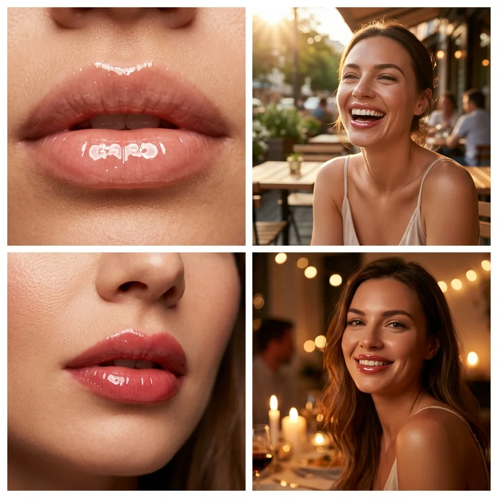Cuatro momentos de la misma mujer con labios voluminosos y efecto cristal: primer plano, en una terraza, gloss sobre pintalabios rojo y en una cena a la luz de las velas