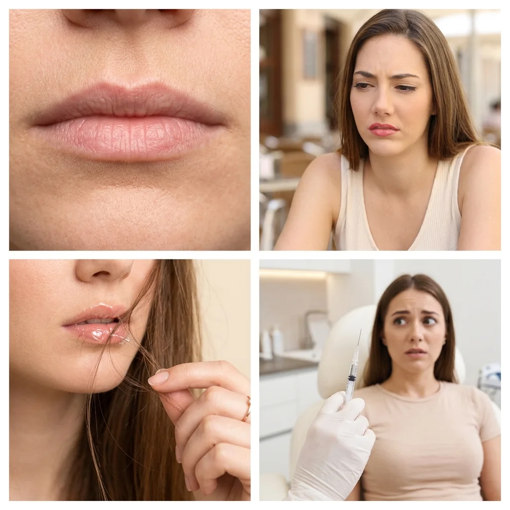 Cuatro situaciones del día a día: labios finos y secos, pintalabios desgastado, gloss pegajoso con pelo pegado y una mujer dudando ante una jeringa de relleno
