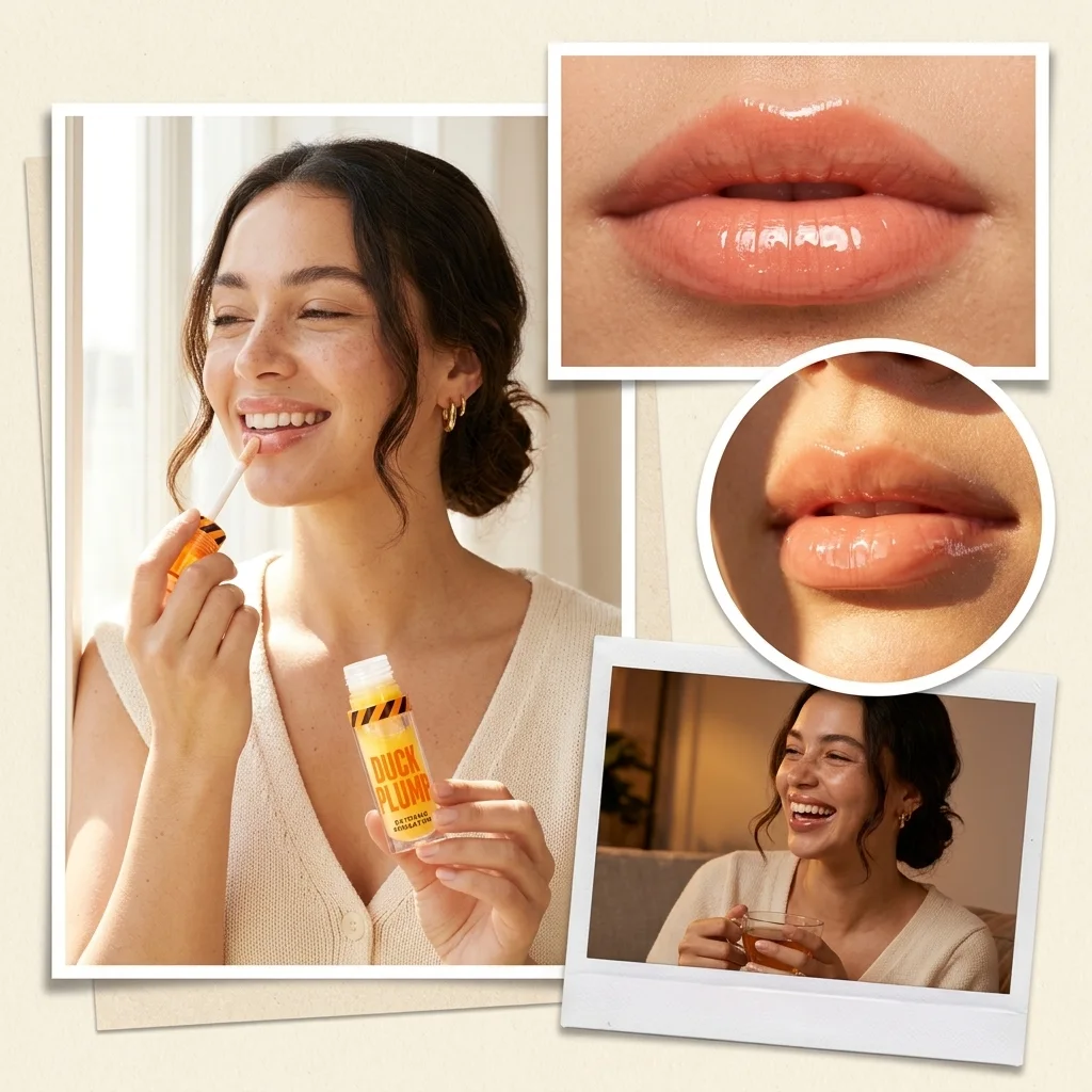 Cuatro momentos de la misma mujer: aplicándose el gloss y sintiendo el cosquilleo, los labios más gruesos justo después de aplicarlo, el brillo de cristal a la luz de la ventana y los labios suaves horas después