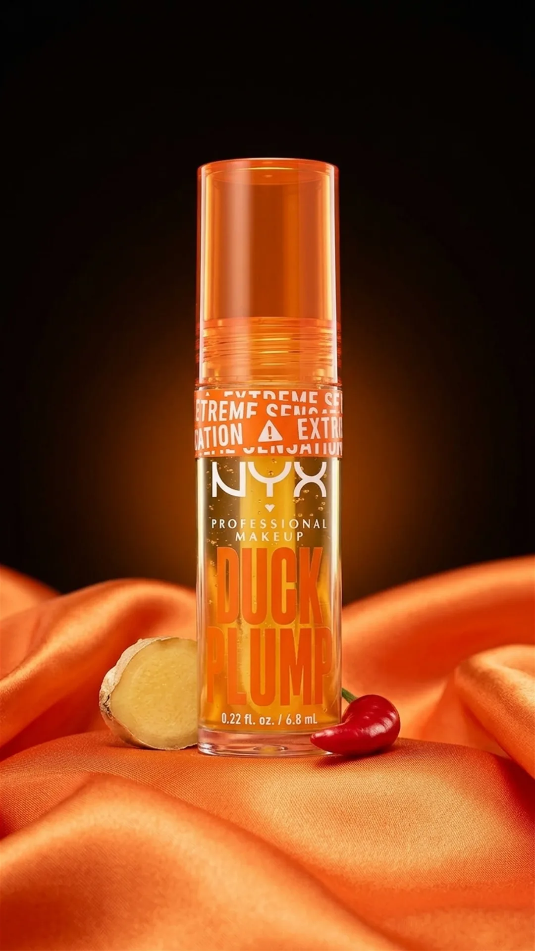 Gloss voluminizador de labios de pie sobre satén naranja, con jengibre y una guindilla roja