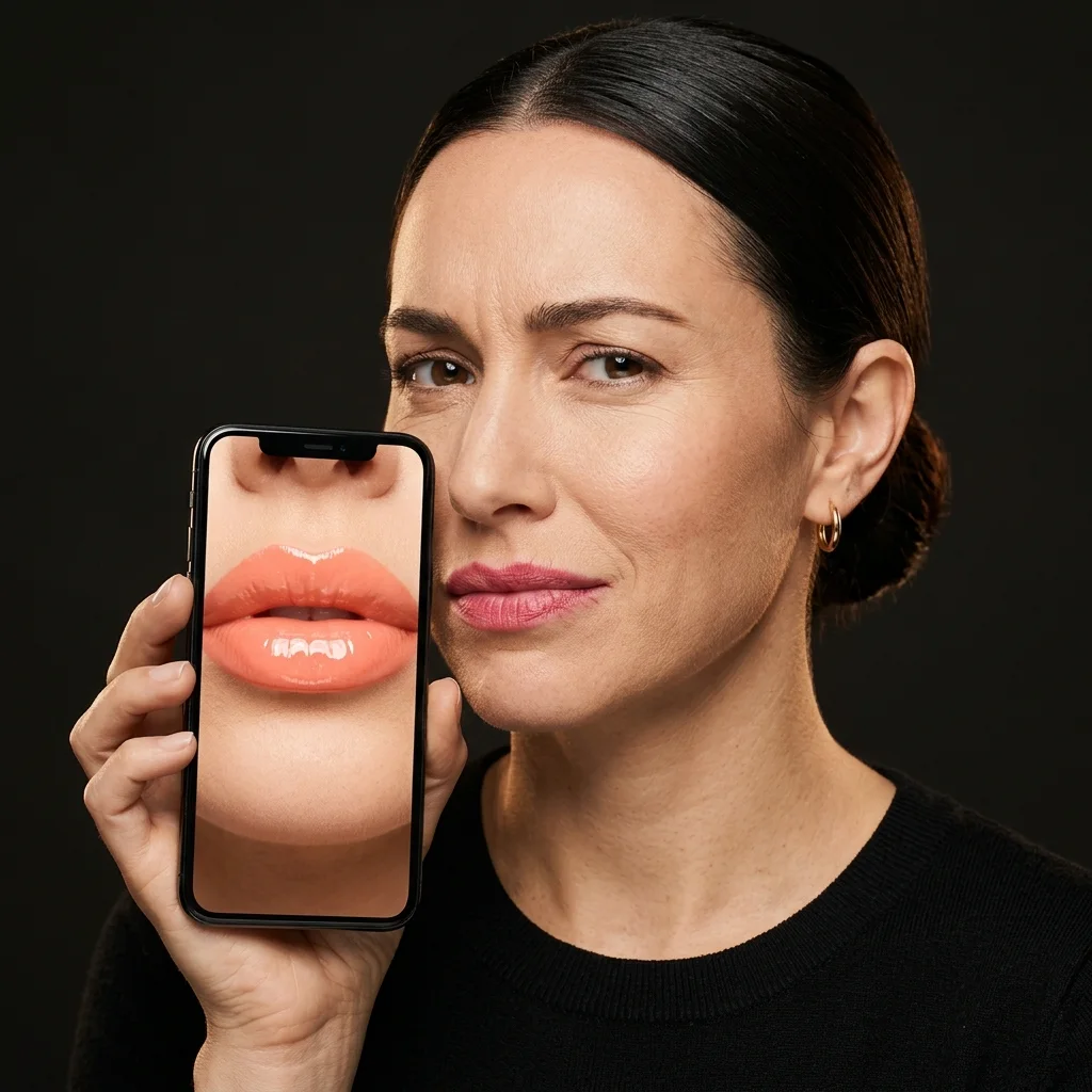 Mujer con labios finos y pintalabios desgastado sujetando el móvil con la foto de unos labios voluminosos y brillantes