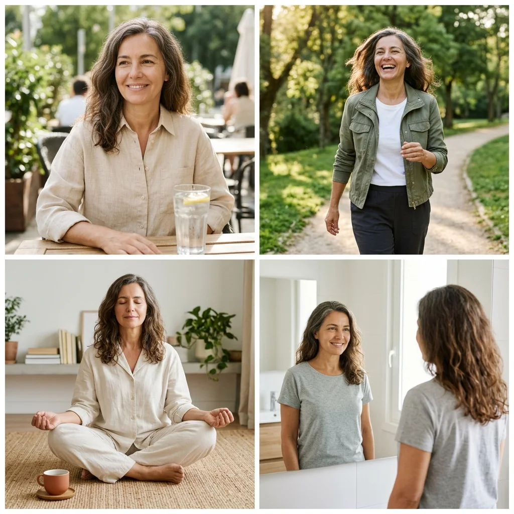 Čtyři chvíle téže 52leté ženy: svěží a v pohodě, plná energie na procházce, klidná při meditaci a vyrovnaná a v dobré náladě u zrcadla