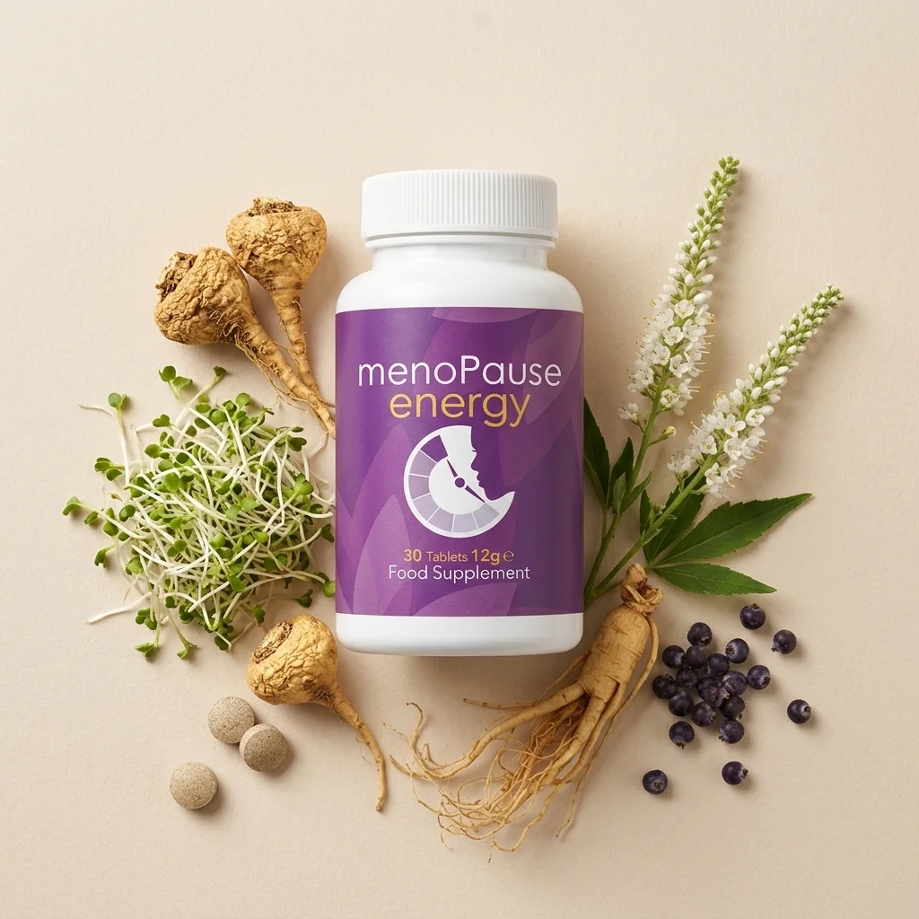 Lahvička doplňku stravy pro menopauzu obklopená macou, ženšenem, black cohosh, vitexem a brokolicovými klíčky