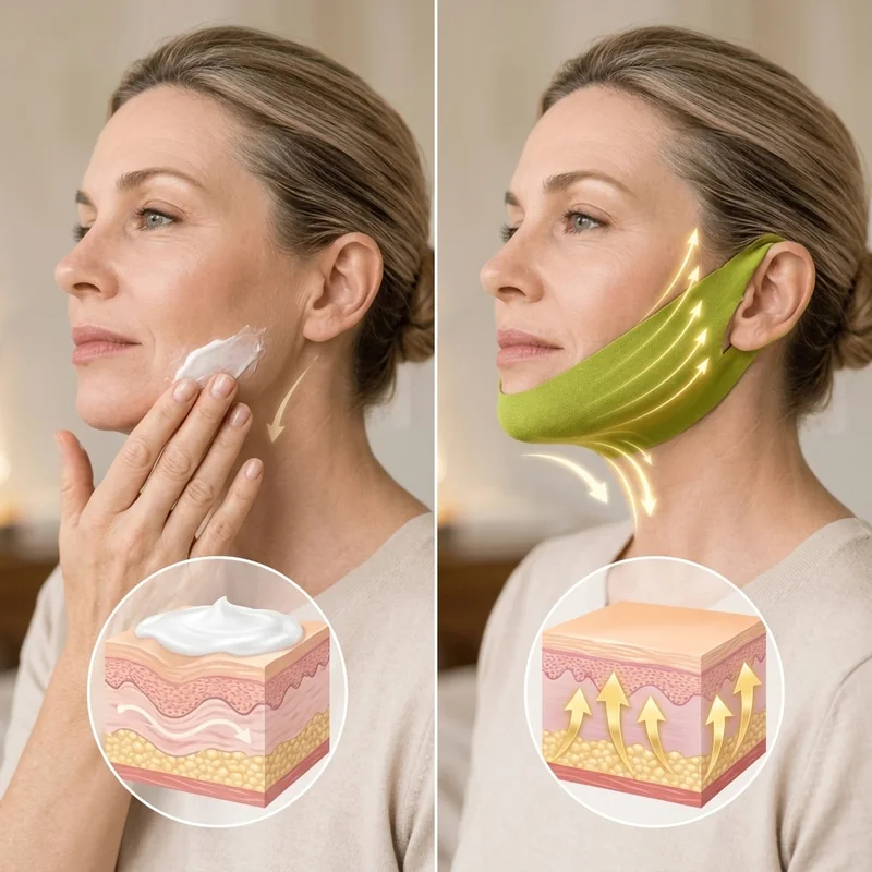 Comparación: crema que se queda en la superficie de la piel y la mascarilla V-Line que levanta el contorno de la barbilla