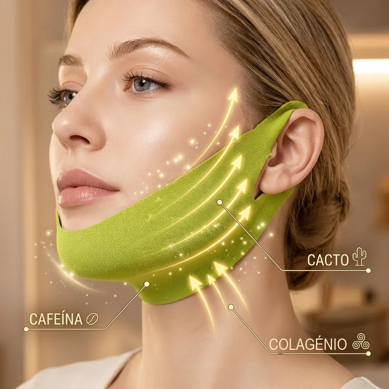 Mujer con la mascarilla V-Line y los activos destacados: cactus, cafeína y colágeno